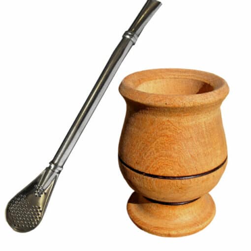 algarrobo wooden mate cup with bombilla to drink yerba mate