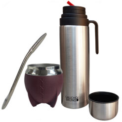 Mate Gourd, Flask and Bombilla Set – Stainless Steel Uruguayan Style Leather-Look, Maroon