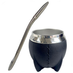 Mate Gourd and Bombilla Set – Stainless Steel Uruguayan Style Leather-Look, Black