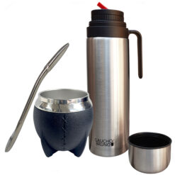 Mate Gourd, Flask and Bombilla Set – Stainless Steel Uruguayan Style Leather-Look, Black