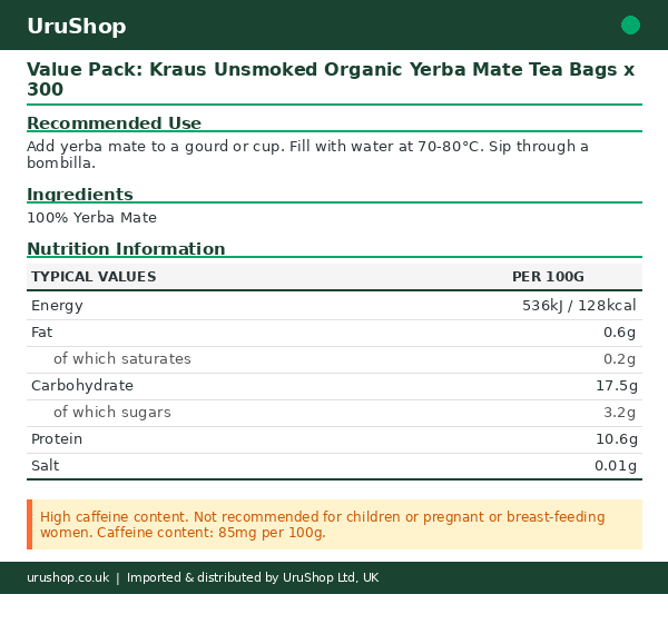 Value Pack: Kraus Unsmoked Organic Yerba Mate Tea Bags x 300 - Image 2