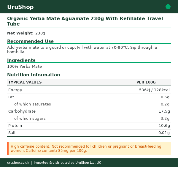 Organic Yerba Mate Aguamate 230g With Refillable Travel Tube - Image 2