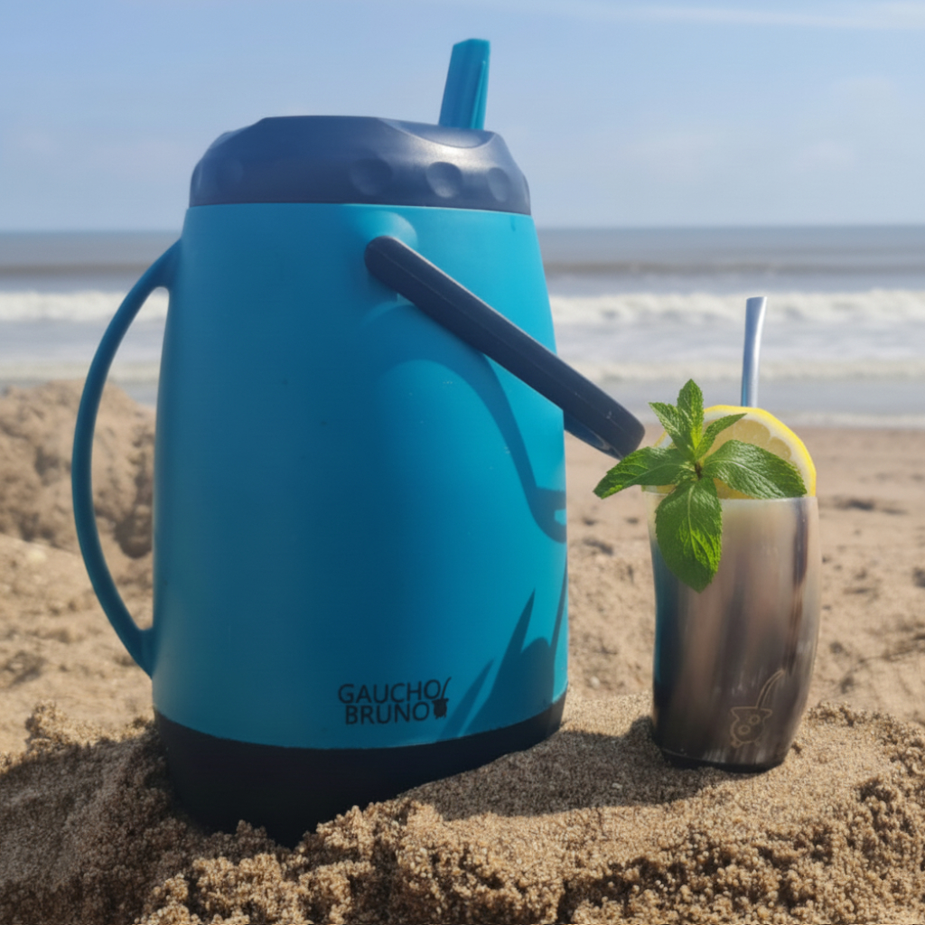Iced yerba mate with traditional gourd in a sunny garden